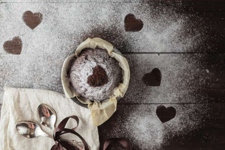 Cookies in the Shape of Heart for Valentine Day on wooden background. Copy spaceの写真素材