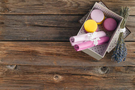 Still life with fresh macaroons and lavender, copyspaceの写真素材