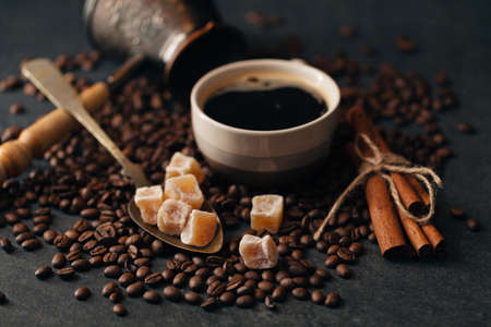 coffee beans on the tableの写真素材
