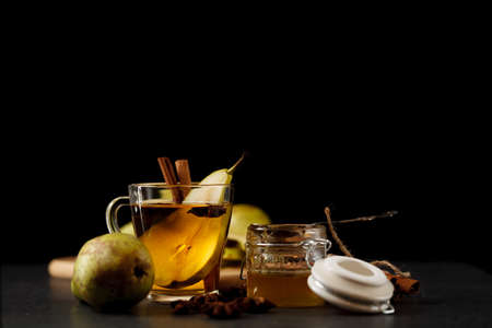 pear cider on evening kitchen tableの写真素材