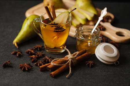 Hot winter pear punch, evening relax conceptの写真素材