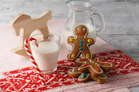 Gingerbread man cookies on red rural napkin