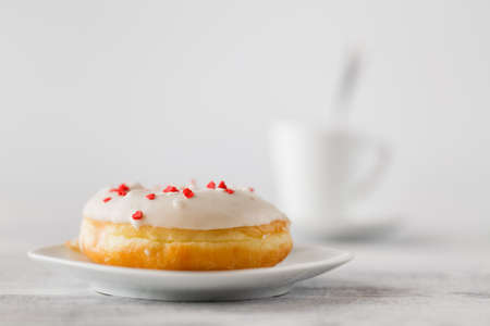 Fresh donuts on tray ?? cup of hot espresso. Breakfast sceneの写真素材