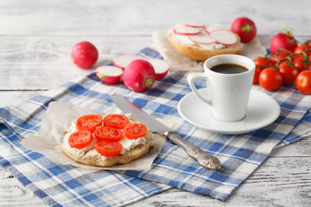 tomato sandwich and coffee cup for breakfastの写真素材