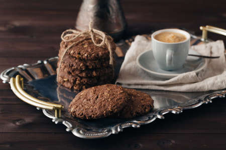 Evening with coffee and oat cookiesの写真素材