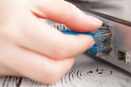 Insert network patch cord in lan commutator switchの写真素材