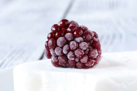 Homemade blackberry ice cream or popsicles decorated green mint leaves on teal rustic table, frozen fruit juiceの写真素材