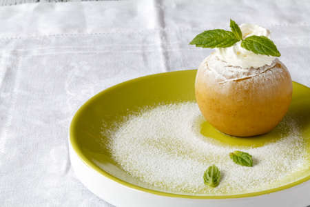 Baked apple and pear dessert with ice creamの写真素材