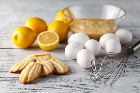 Baking ingredients on wooden backgroundの写真素材