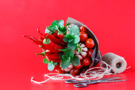Big unusual bouquet of fresh edible vegetables (garlic, green beans, cucumber, radish, bay leaf, pepper, chili pepper, cotton)の写真素材