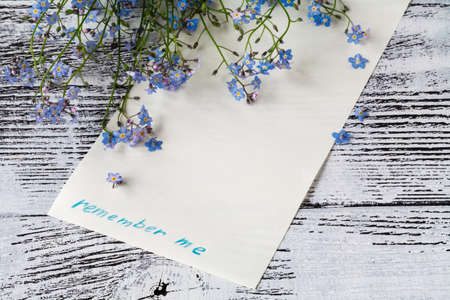 Forget-me-nots flowers with card on a wooden backgroundの写真素材