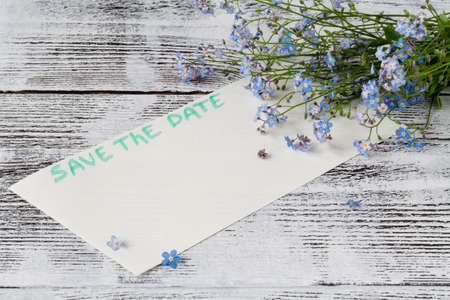 The forget-me-not branch on a card with pgrase save the dateの写真素材