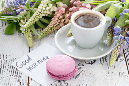 Wildflowers. Lupine flowers on old shabby wooden tableの写真素材