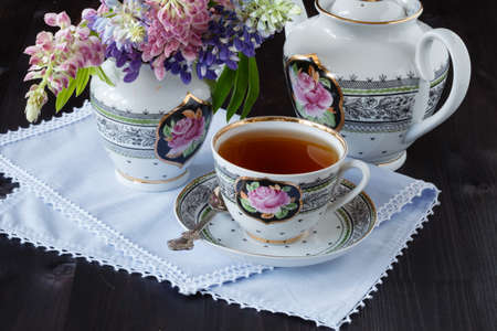 tea with garden flowersの写真素材
