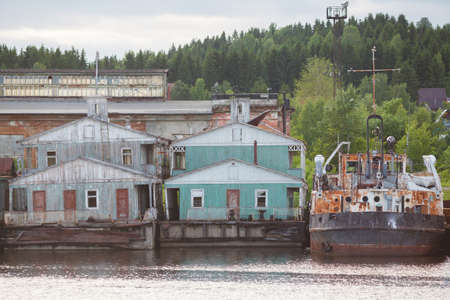 Old pontoon house on river, Landing stageの写真素材