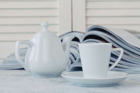 selective focus of the stacking magazine place on table in living roomの写真素材