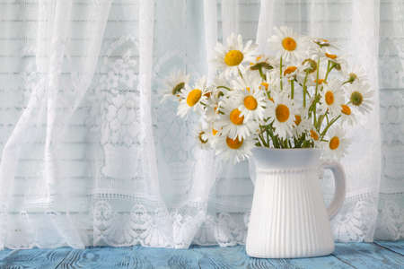 chamomile in vase on windowsillの写真素材