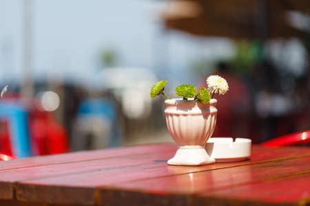 flowers in vase on the street cafeの写真素材