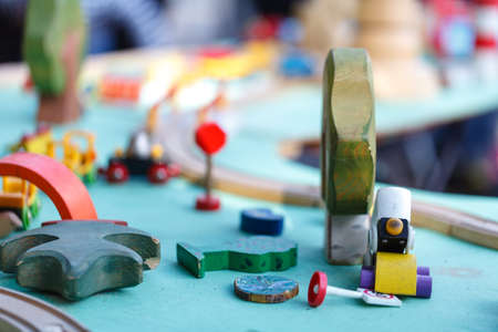 childrens toy train on trackの写真素材