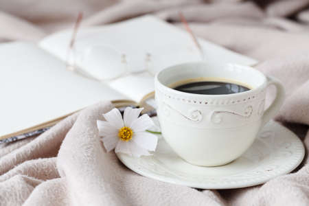 Woman's work place in bed.  Breakfastの写真素材