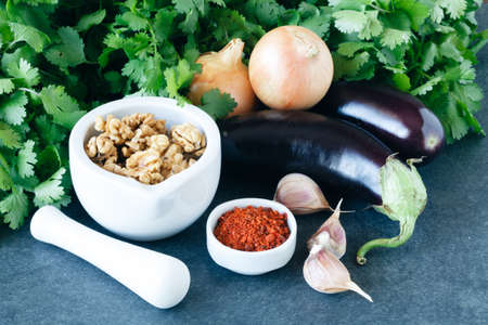 Ingredients for georgian cuisine with svan solt and walnutの写真素材