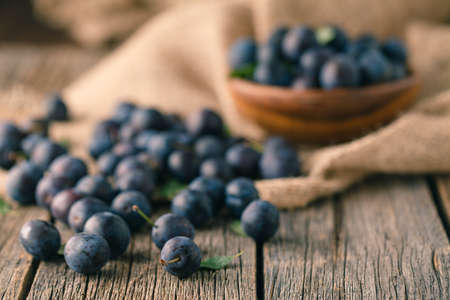 Full bowl of fresh plum on tableの写真素材