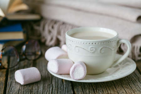 Comfort tea with warm wool plaid and sweetsの写真素材