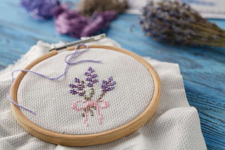 embroidery workplace with handmade ornamentの写真素材