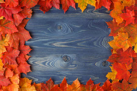 Fall background frame with maple leaves on blue