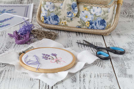 Embroidery Flowers. Sewing accessories. Canvas, hoop, thread mouline. Needlework. Hand embroideryの写真素材
