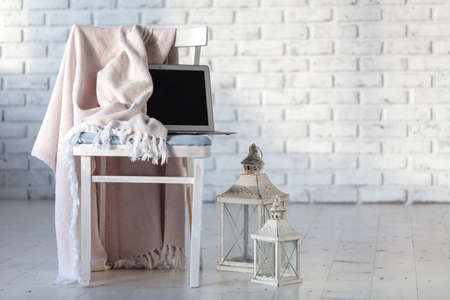 Modern chair in white room interior parquet wood floor.の写真素材