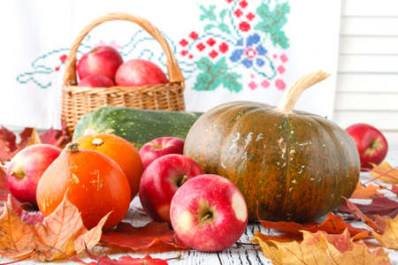 Autumn nature concept. Fall fruit and vegetables on wood. Thanksgiving dinnerの写真素材