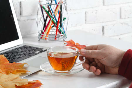 Workplace with laptop on table at homeの写真素材