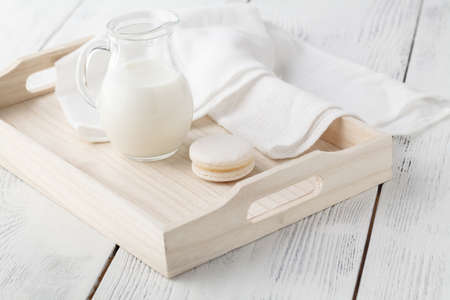 breakfast in bed, tray with milkの写真素材