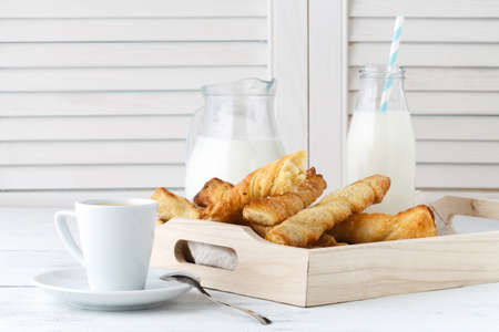 Sticks puff pastry, topped with spice, baked in ovenの写真素材