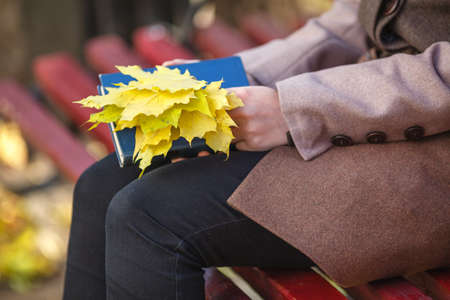 Young girl sitting on a bench in park on a fall dayの写真素材