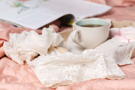 breakfast time in bed and free place and milk and bread and home interior