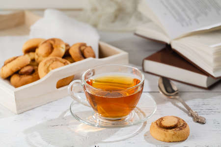 ots of cookies on Food and Drink theme/Image of black tea cup with yummy biscuitsの写真素材