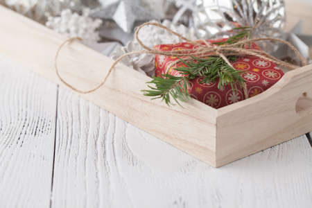 Christmas tree decoration on old wooden backgroundの写真素材