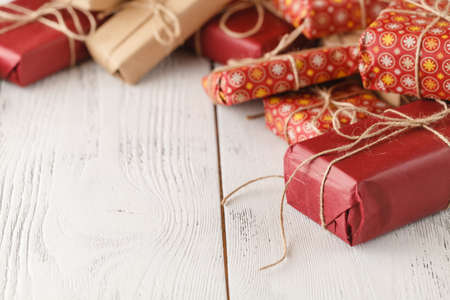 Handmade gift boxes on wooden backgroundの写真素材