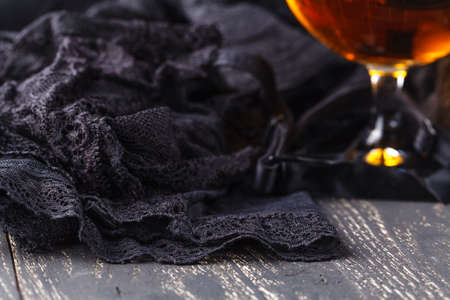 Parfum and black lingerie for a romantic eveningの写真素材