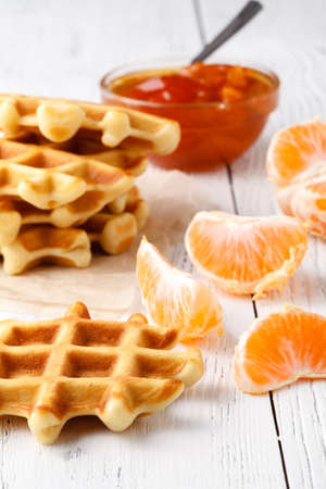 Belgian waffles for breakfast or tea timeの写真素材