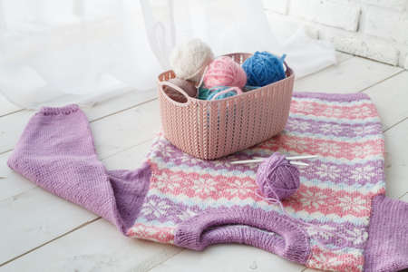 Leisure concept, home organizers colored baskets with handmade accessoriesの写真素材
