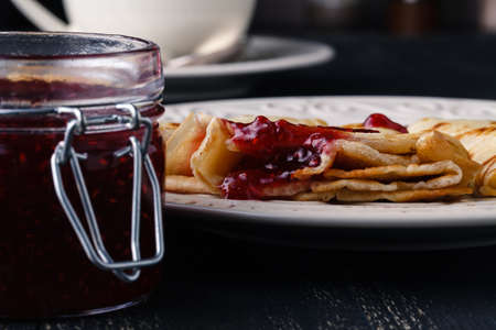 shrovetide concept, pancake with  sweet berry  jamの写真素材