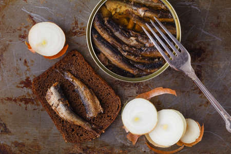 tin sardine on dard backgroundの写真素材