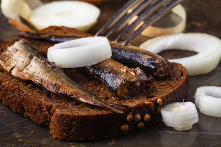 Canned sprats in tin can with rye bread. On rustic backgroundの写真素材