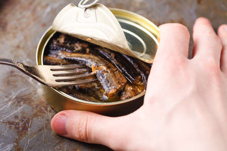 Open fish preserves and fish on the forkの写真素材