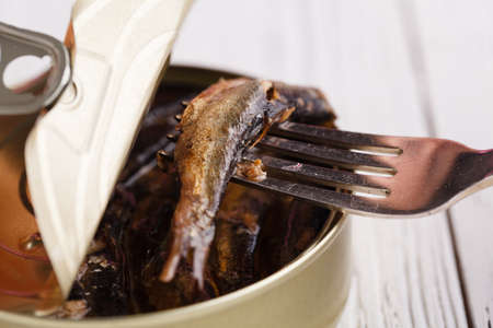 fish can with small fishes in oilの写真素材