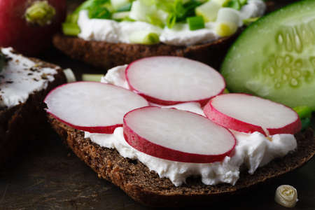 sandwiches with sour cream, onions and radishes and sliced radishの写真素材