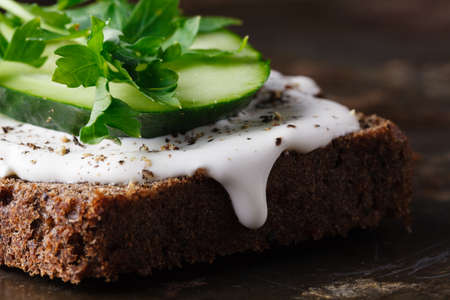 Wholegrain healthy sandwich with cucumber and cabbageの写真素材
